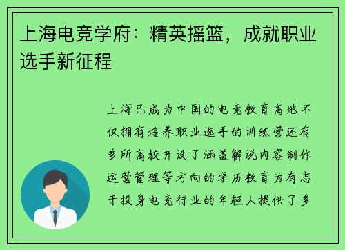 上海电竞学府：精英摇篮，成就职业选手新征程
