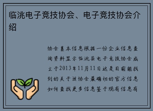 临洮电子竞技协会、电子竞技协会介绍